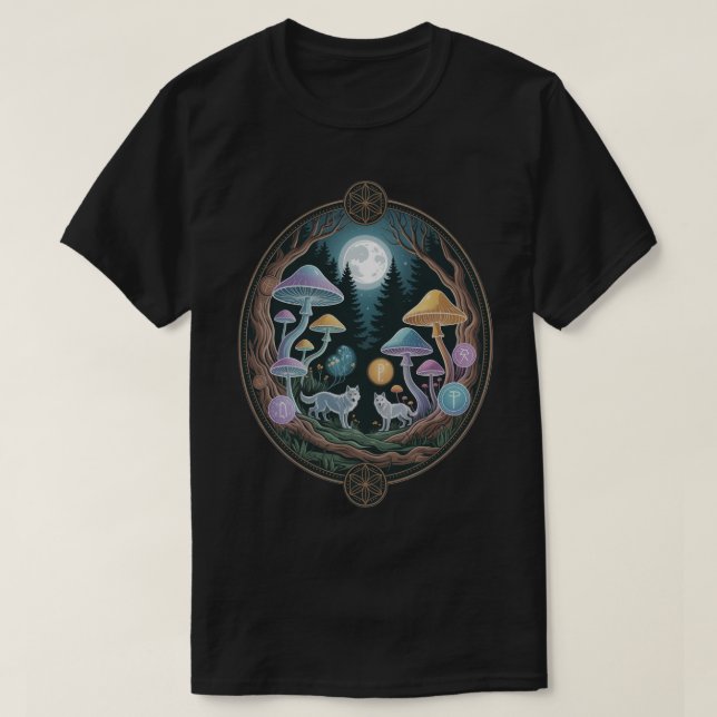 Enchanted Moonlit Wolves and Psychedelic Mushrooms T Shirt (Design framsida)