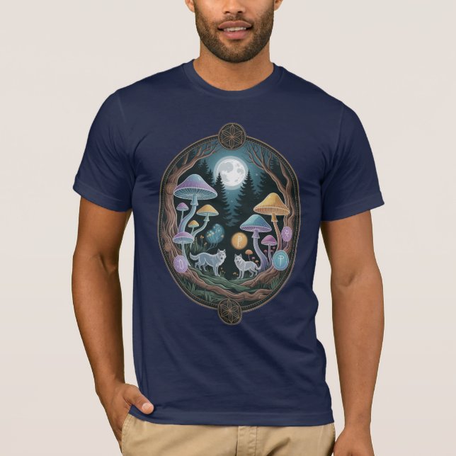 Enchanted Moonlit Wolves and Psychedelic Mushrooms T Shirt (Framsida)