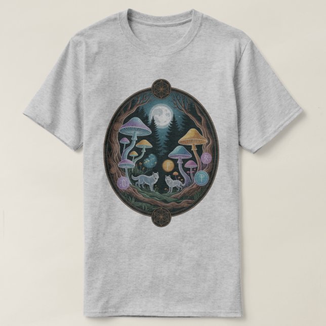 Enchanted Moonlit Wolves and Psychedelic Mushrooms T Shirt (Design framsida)