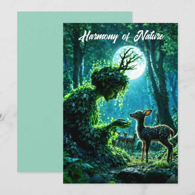 Enchanted nature guardian feeding a baby fawn inbjudningar (Fram/baksida)
