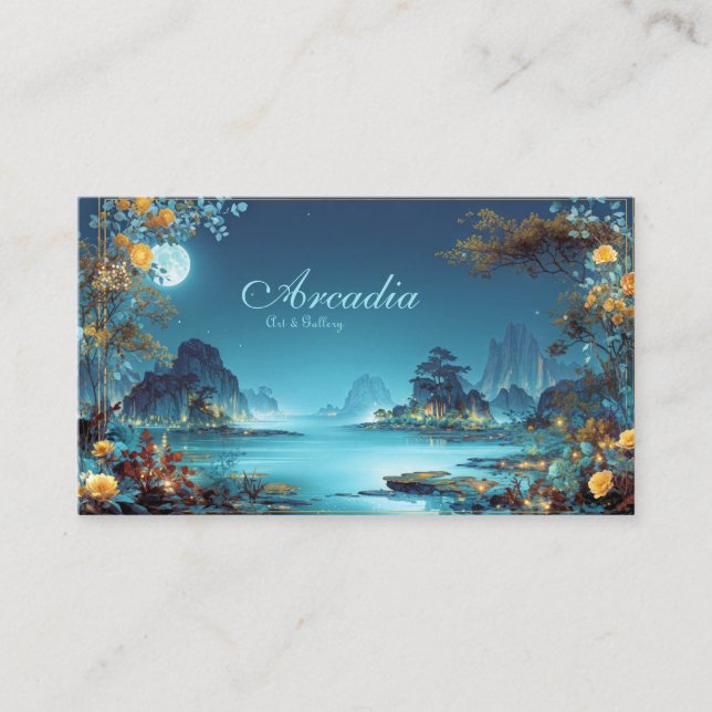 Enchanted Night Landscape Gold Floral Moon Lake Visitkort (Framsida)
