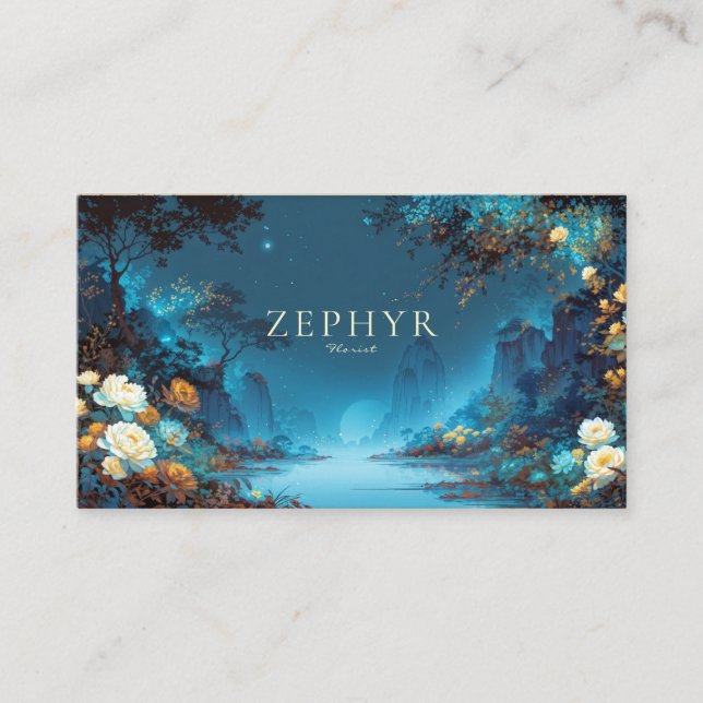 Enchanted Night Landscape Teal Yellow Floral Moon Visitkort (Framsida)