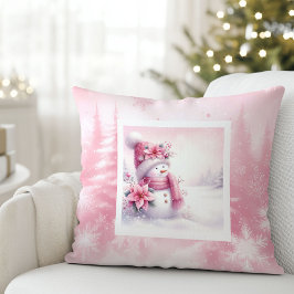 Enchanted Pinkmas Pillow Snowman Winter Magic Kudde