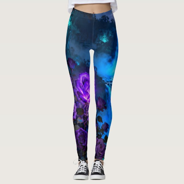 Enchanted Purple Rose Waterfall Leggings (Framsida)