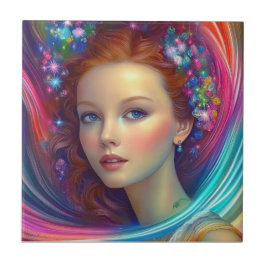 Enchanted Rainbow Hair Porträtt Kakelplatta