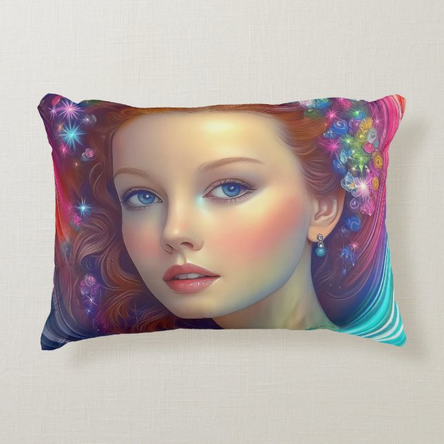 Enchanted Rainbow Hair Porträtt Prydnadskudde (Framsidan)