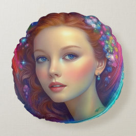 Enchanted Rainbow Hair Porträtt Rund Kudde
