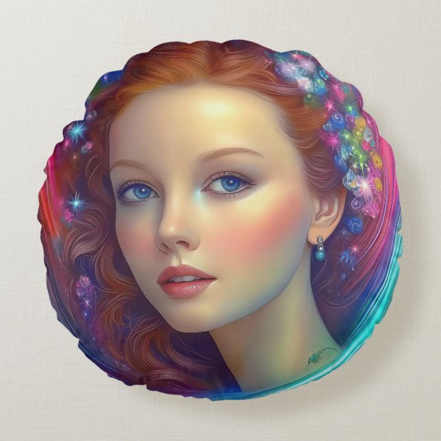 Enchanted Rainbow Hair Porträtt Rund Kudde (Framsidan)