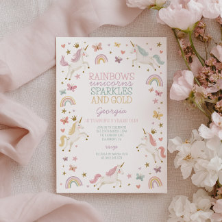 Enchanted Rainbow Unicorn Glitter Guld Flickor 3-å Inbjudningar