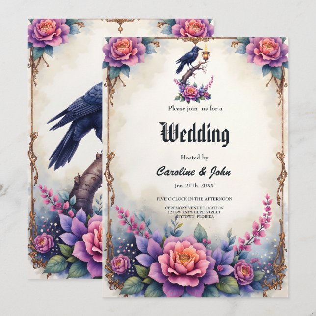 Enchanted Raven Brölloppskollektion Inbjudningar (Fram/baksida)