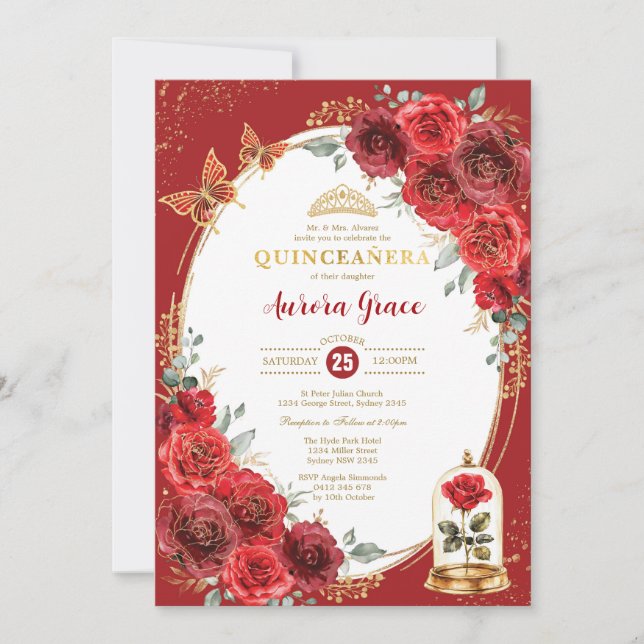 Enchanted Ro Quinceañera 15:e Födelsedagsfesten Inbjudningar (Framsida)
