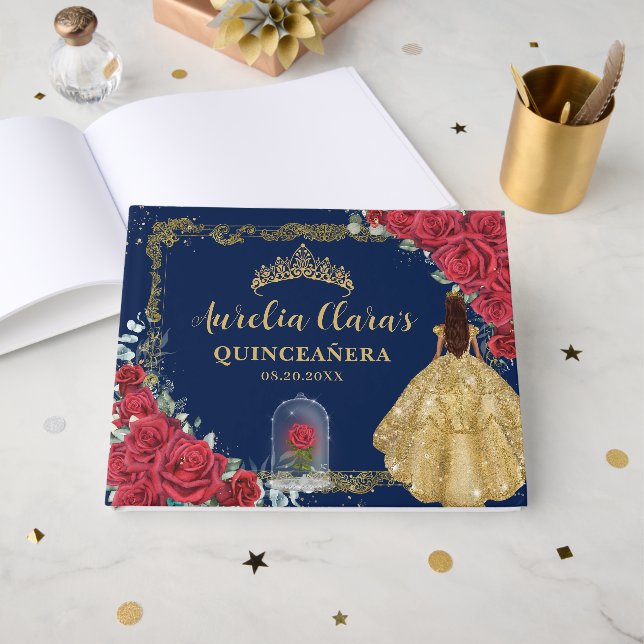 Enchanted Rose Red Roses Princess Gold Quinceanera Gästböcker (Framsida Öppen)