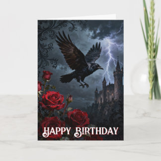 Enchanted Spooky Gothic Castle Raven Birthday Kort