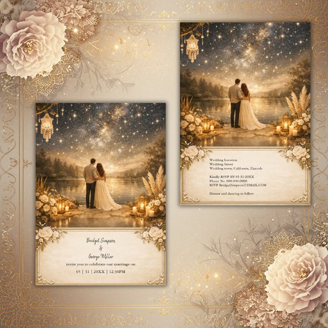 Enchanted Starry Night Lake blue & gold Wedding Inbjudningar (Skapare uppladdad)