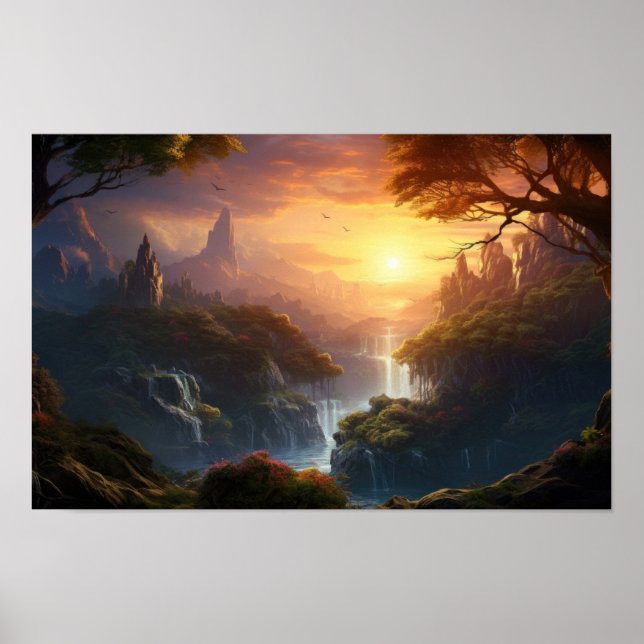 Enchanted Sunset Valley - Fantasy Ligcape Art Po Poster (Framsidan)