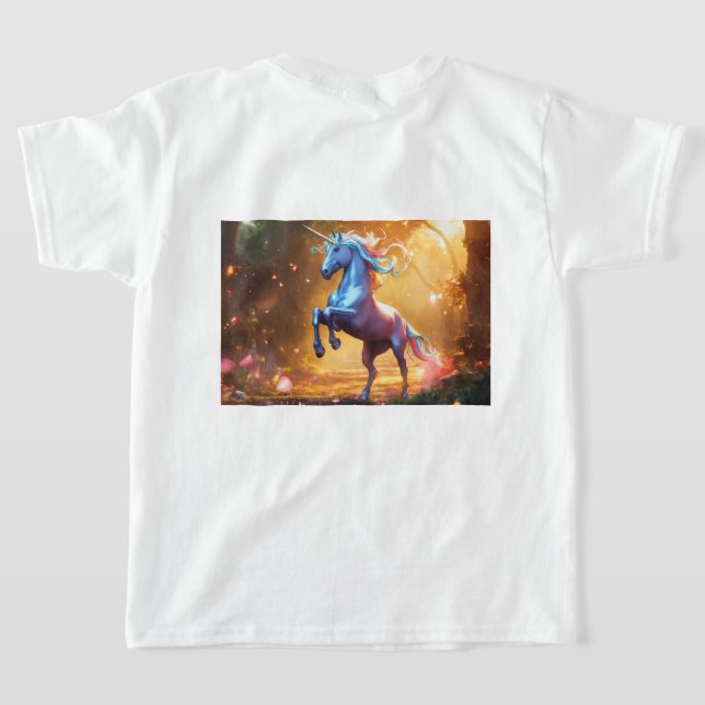 "Enchanted Unicorn in a Rainbow Forest" T Shirt (Laydown Baksida)