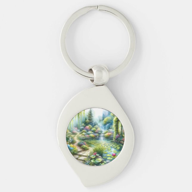 Enchanted Waterfall Garden Lily Pond Swirl Silverfärgad Nyckelring (Framsidan)