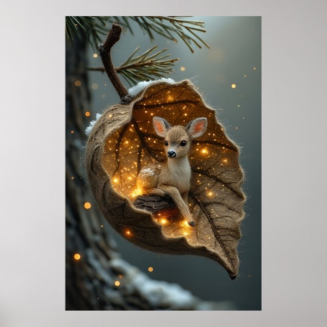 🦌 Enchanted Winter Fawn – Glowing Leaf Cocoon Poster (Framsidan)