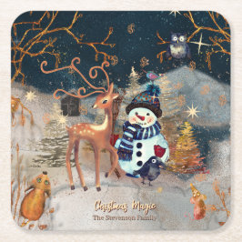 Enchanted Winter Wonderland Snowmand & Hjort Underlägg Papper Kvadrat