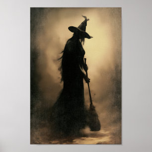 Enchanted Witch - Mörk Silhouette i Foggy Forest Poster