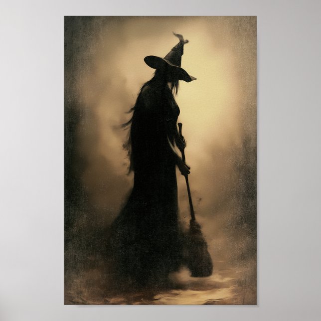 Enchanted Witch - Mörk Silhouette i Foggy Forest Poster (Framsidan)