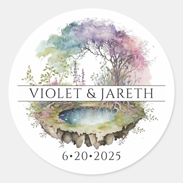 Enchanted Woodlands Fairytale Bröllop Runt Klistermärke (Framsida)
