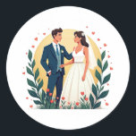 Enchanteding Couples Wedding Sticker Runt Klistermärke<br><div class="desc">Elegant digital artwork of a newlywed couple surrounded by hearts and tulips,  perfect for wedding shower gifts or romantic decor.</div>