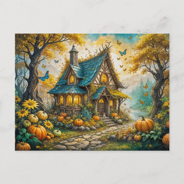 Enchanting Autumn Cottage with Pumpkins Vykort (Framsida)