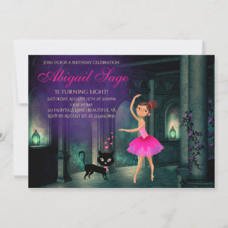 Enchanting Ballerina och Cat Ballet Dance Birthday Inbjudningar