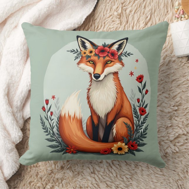Enchanting Blommigt Fox Woodland Folk Art Kudde (Filt)