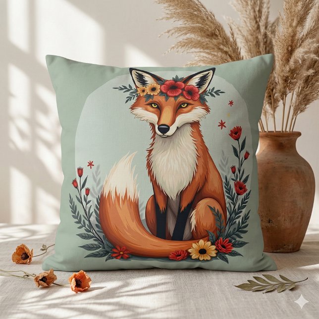 Enchanting Blommigt Fox Woodland Folk Art Kudde (Enchanting Floral Fox Woodland Folk Art Throw Pillow Mockup A)