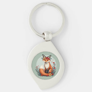 Enchanting Blommigt Fox Woodland Folk Art Swirl Silverfärgad Nyckelring