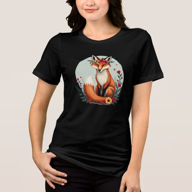 Enchanting Blommigt Fox Woodland Folk Art T Shirt (Framsida)