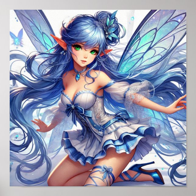 Enchanting Blue-Haired Fairy with Emerald Eyes Poster (Framsidan)
