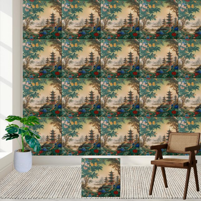 Enchanting Chinoiserie Pagoda and Nature Tile Kakelplatta (Enchanting Chinoiserie Pagoda and Nature Tile)