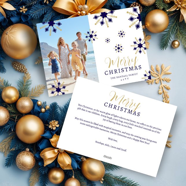 Enchanting Christmas Dark Blue & Gold Snowflakes  Julkort (Enchanting Dark Blue & Faux Gold Snowflakes Merry Christmas Holidays Cards with Family Photo. )