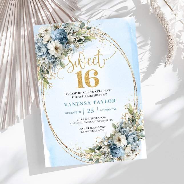 Enchanting Dusty Blue Floral Sweet Sixteen Invites Inbjudningar (Enchanting Dusty Blue Floral Sweet Sixteen Invitation)