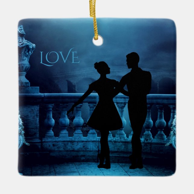 Enchanting Fantasy Ballerina Dance Couple Julgransprydnad Keramik (Framsida)