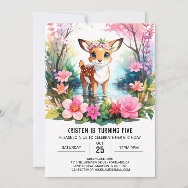 Enchanting Fawn Watercolor Woodland Girl Birthday Inbjudningar (Framsida)