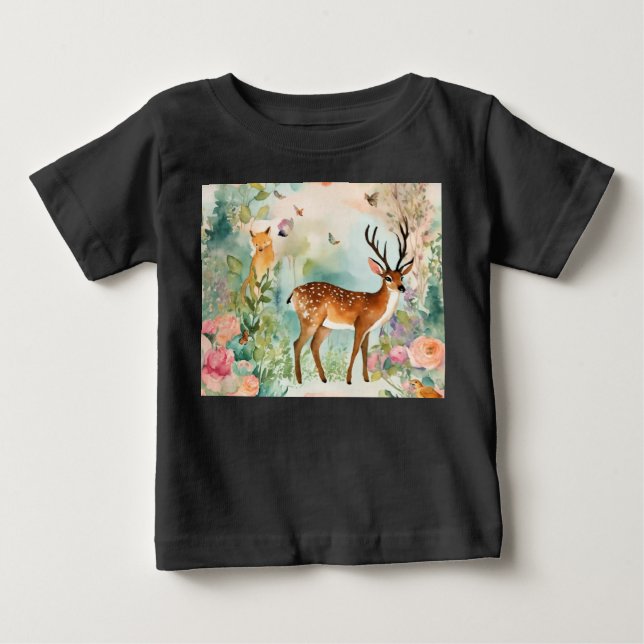 "Enchanting Forest Animal Fantasy Zoo Art Baby T Shirt (Framsida)