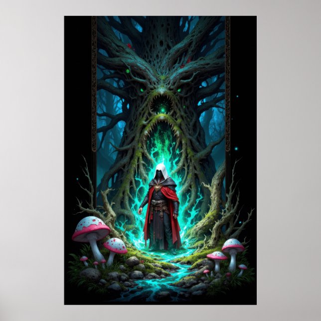 Enchanting Forest Scene with Mysterious Figure Poster (Framsidan)