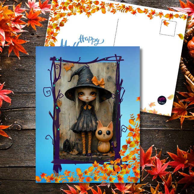 Enchanting Halloween Witch Girl & Pumpkin Cat Helg Vykort (Skapare uppladdad)
