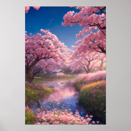 Enchanting Hut Amidst Sakura Träd Poster