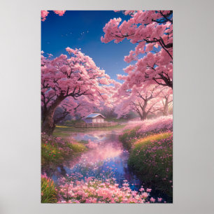 Enchanting Hut Amidst Sakura Träd Poster