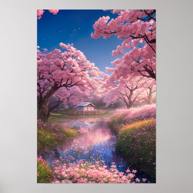 Enchanting Hut Amidst Sakura Träd Poster (Framsidan)