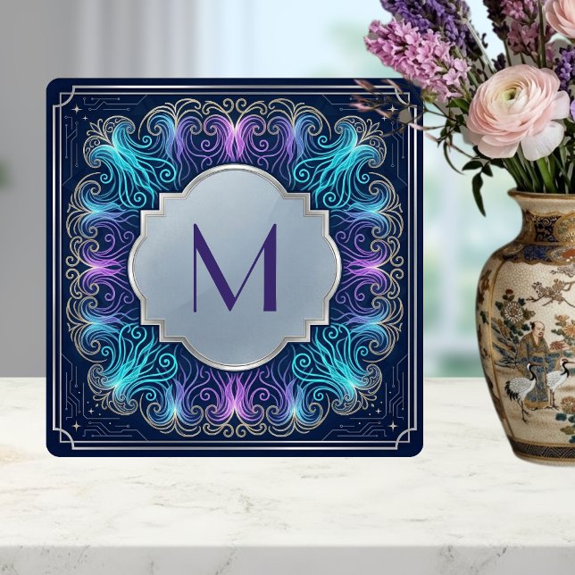 Enchanting  Monogram Teal Purple Swirls Decorative Kakelplatta (Skapare uppladdad)