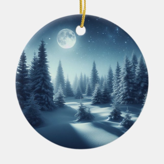 Enchanting Night Snowy Forest Sticker Julgransprydnad Keramik (Framsidan)
