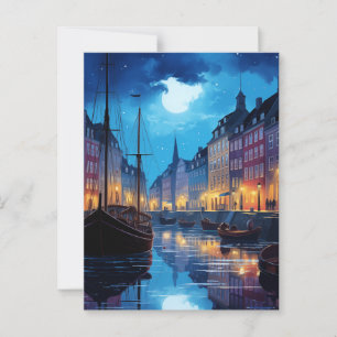 Enchanting Nyhavn Köpenhamns nattkanal Scene Vykort