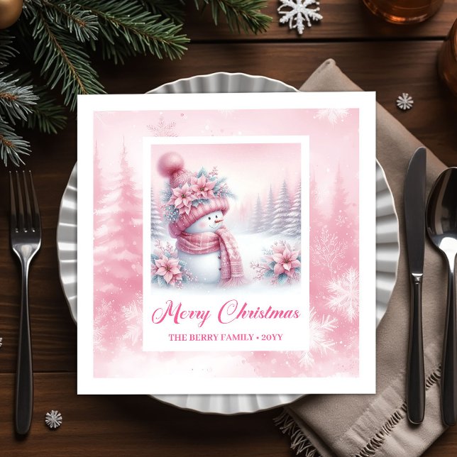 Enchanting Pink Snowman Christmas Scene Napkins  Pappersservett (Enchanting Pink Snowman Christmas Scene Napkins for Kids)