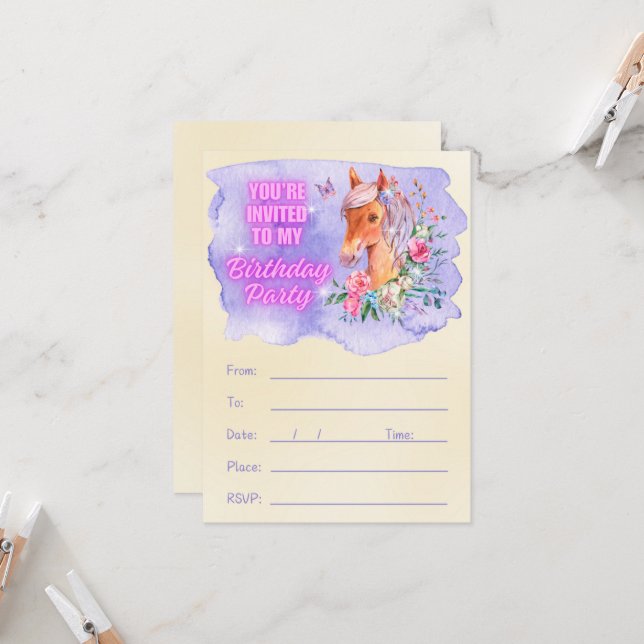 Enchanting Pony och Wildblommor Birthday Inbjudningar (Fram/Back In Situ)